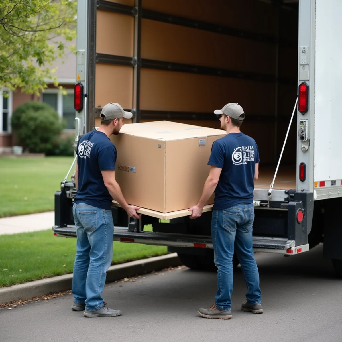 Delivery crew lowering heavy custom furniture crate via truck hydraulic liftgate