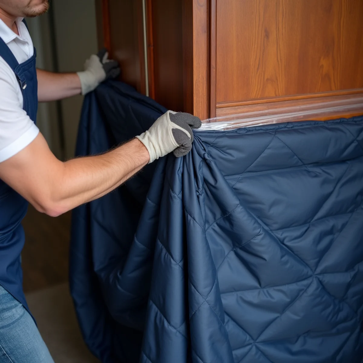 First Priority Movers wrapping fine wood furniture in quilted protective moving pads