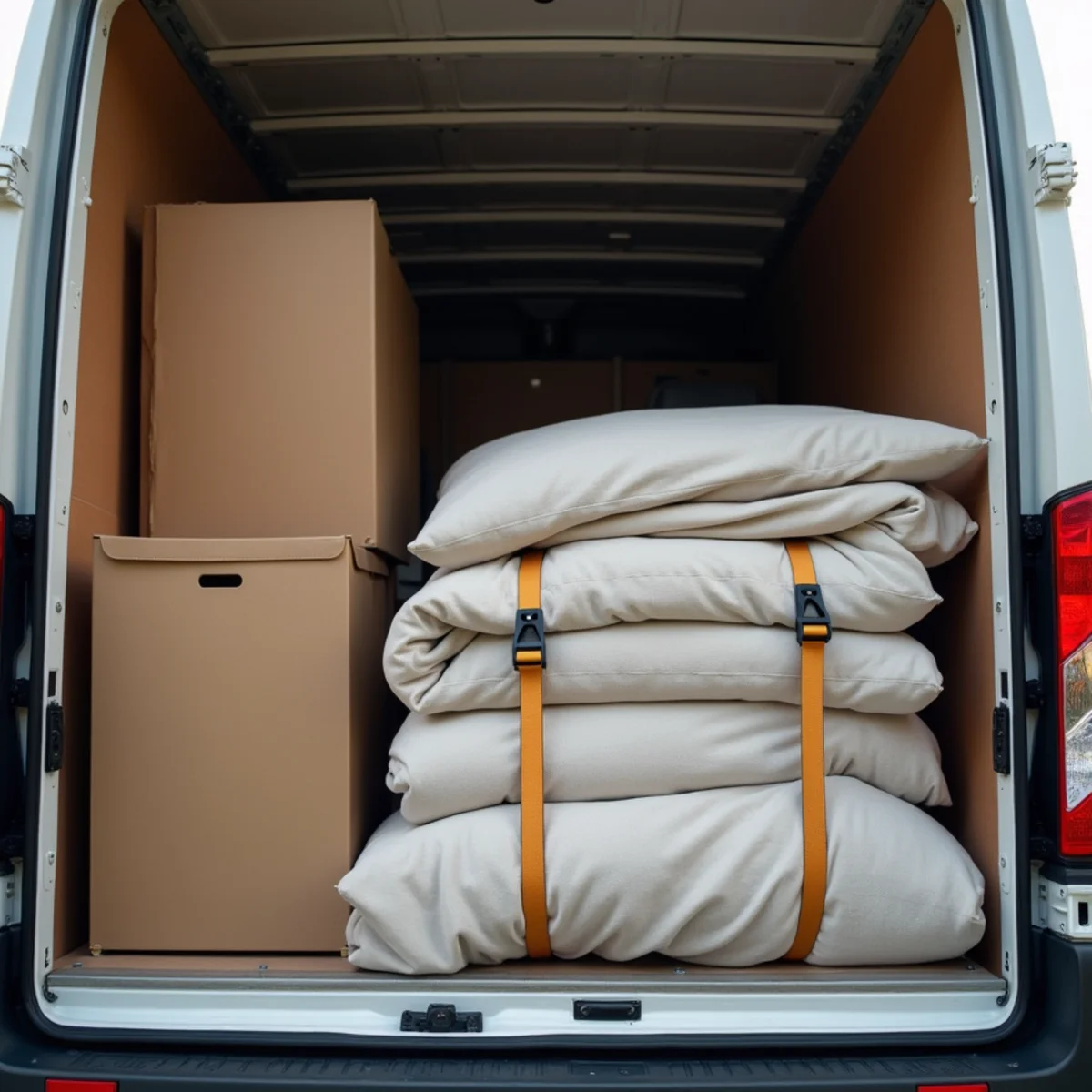 Professional movers securely tiering and strapping cargo for long-distance transit across Minnesota