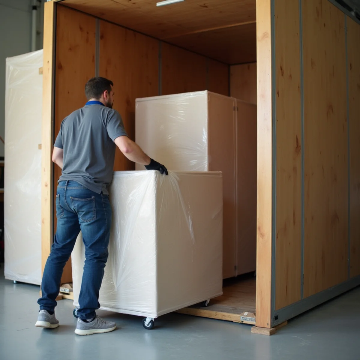 Movers packing furniture into secure wooden storage vault in Minneapolis warehouse