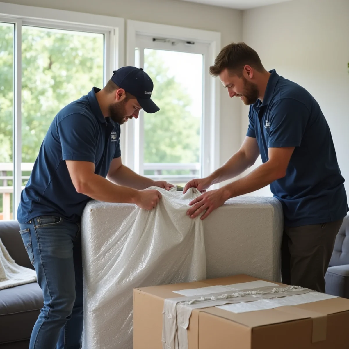 First Priority Movers securing flat screen television in heavy-duty protective crate during home move